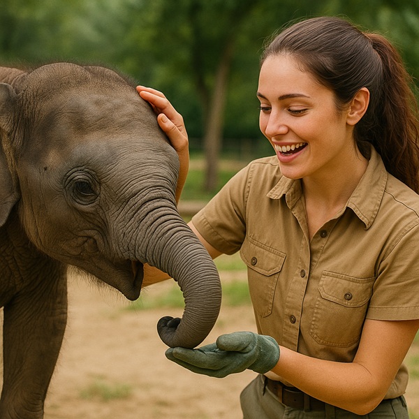 zookeeper assistant with baby elephant